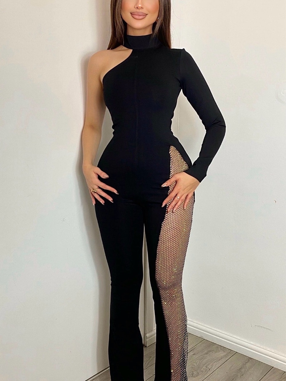 Fashion Nova Black One-Shoulder Rhinestone-Trim Jumpsuit